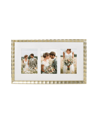 Gold rectangular photo frame displaying three beautiful wedding pictures of a happy couple.