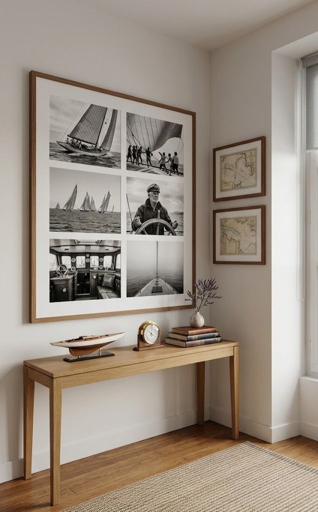 Large framed print of six black and white maritime scenes hangs above a wooden console table.