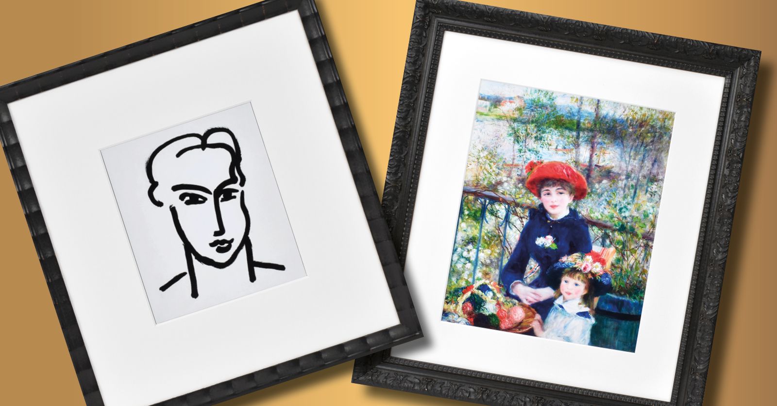 Two framed artworks: a simple black and white line drawing and a colorful impressionist painting.