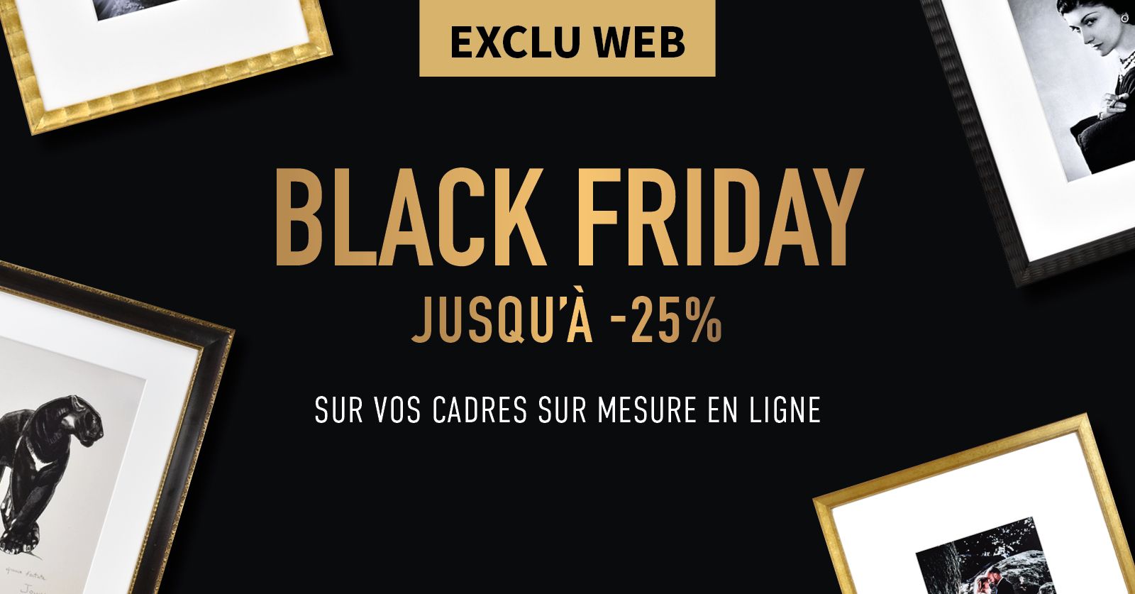 Black Friday promotion banner offering up to 25% off custom frames online.