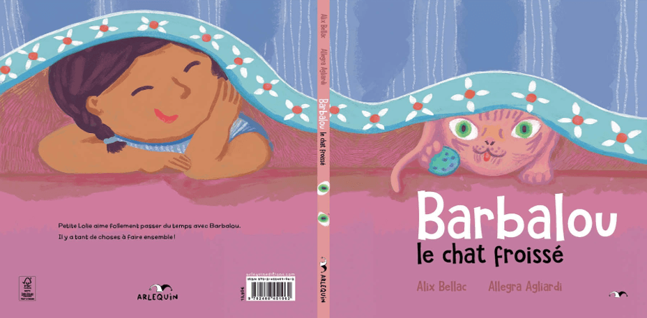 Illustration of a book cover featuring a sleeping girl on the left and a pink cat peeking out from under a blanket on the right.