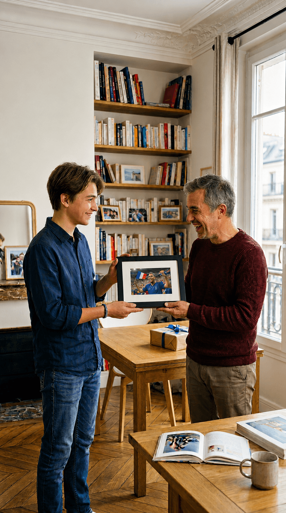 Younger man hands a smiling older man a framed photo in a cozy living room.