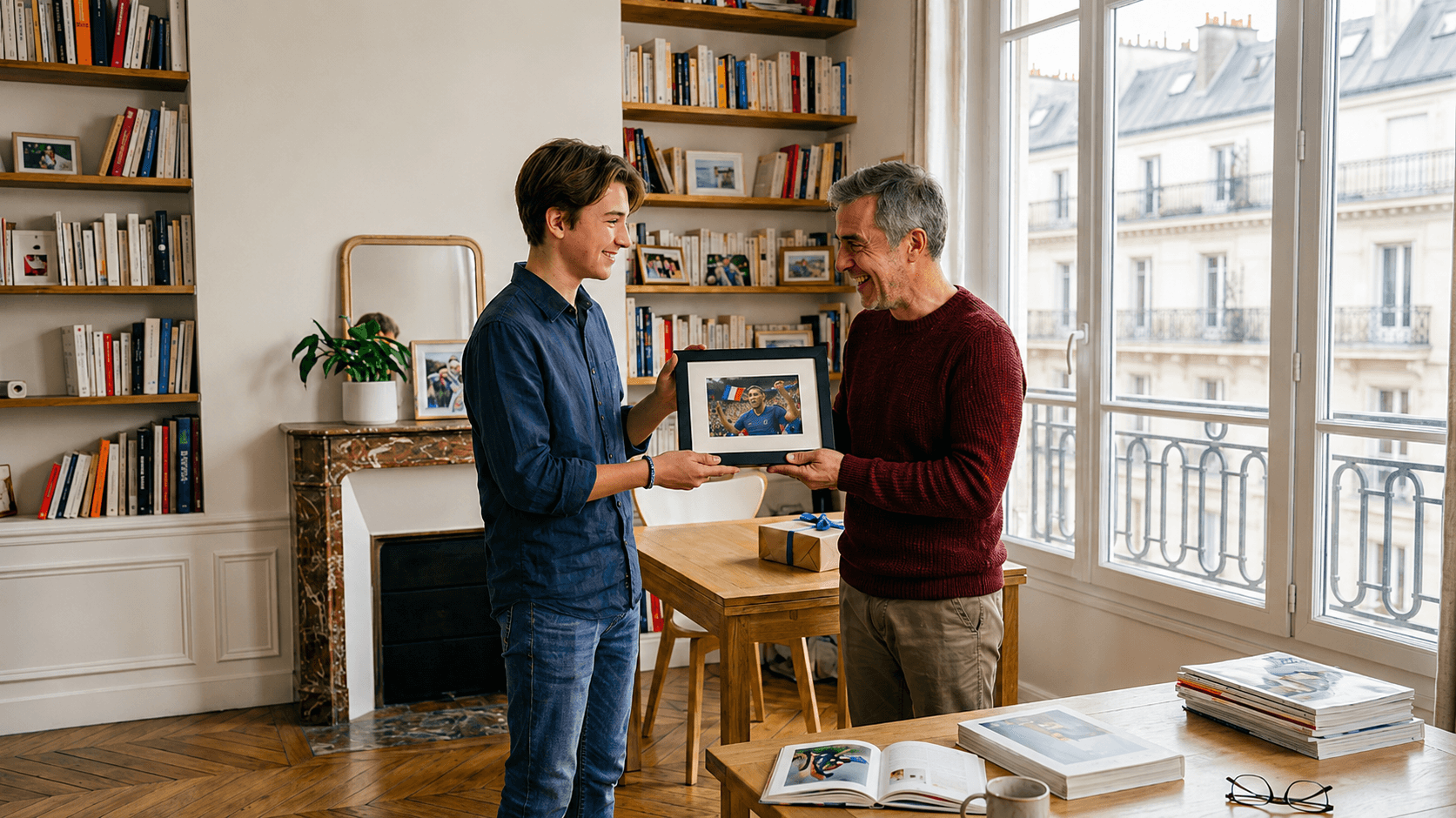 Son presents a framed photo to his smiling father in a bright, cozy living room.