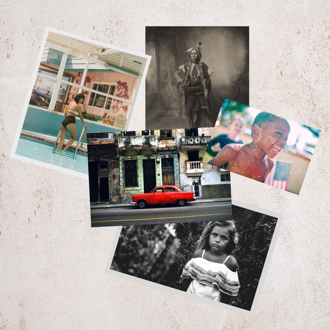 A collage of diverse old photographs, featuring people, a vintage red car, and scenic views.