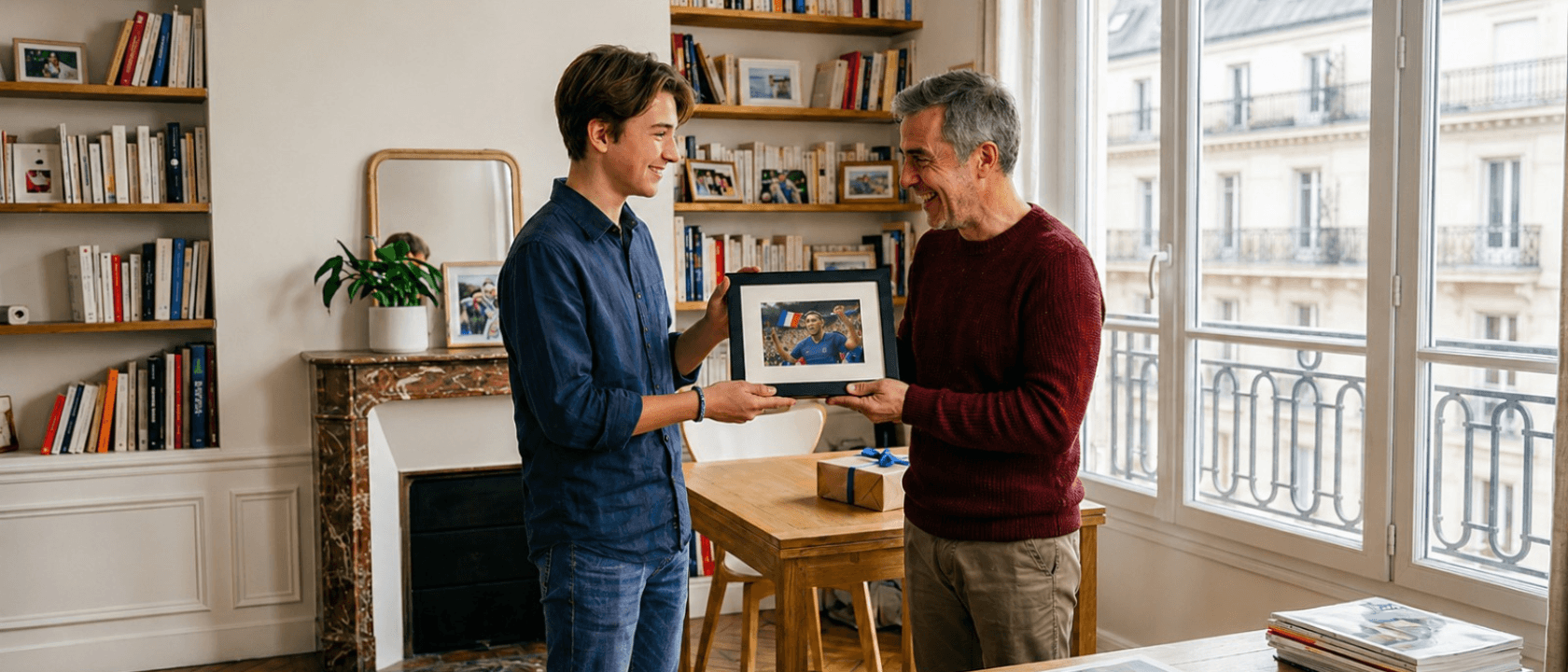 A young man gifts a framed photo to an older man, both smiling in a bright room.