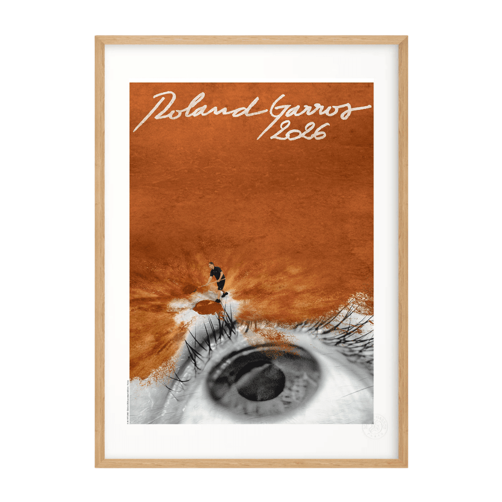 Roland Garros 2026 poster with a tennis player's silhouette above a large eye.