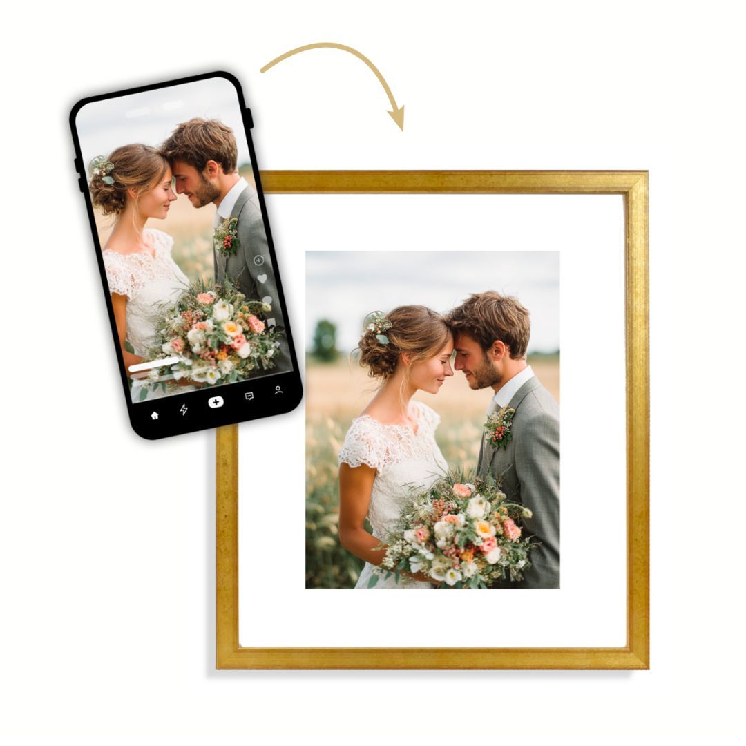 A wedding photo of a couple on a smartphone becoming a framed print.