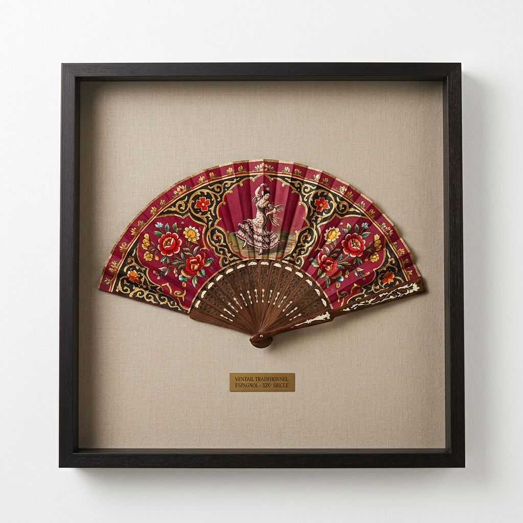 Ornate, folded reddish-brown hand fan with intricate patterns, displayed in a black frame.