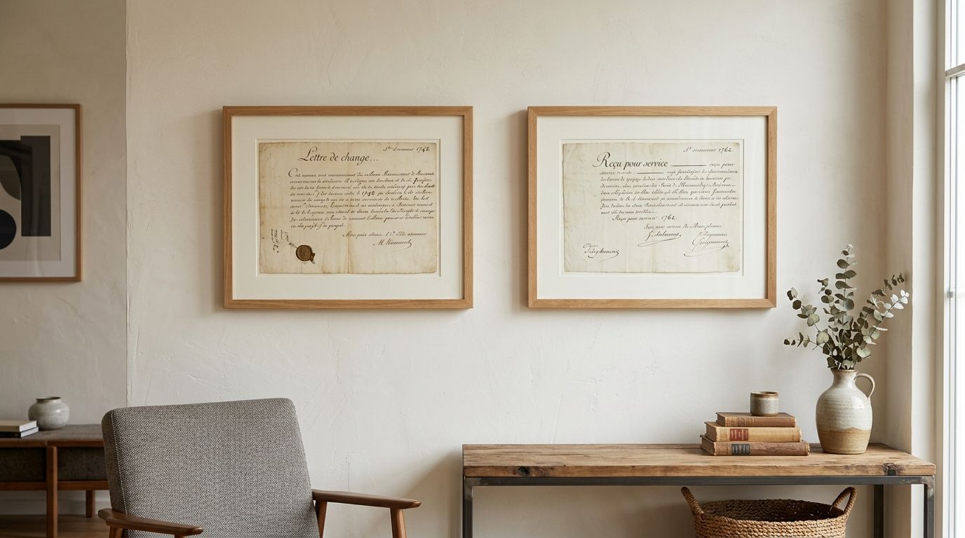 Two framed antique documents above a console table and armchair in a light-filled room.