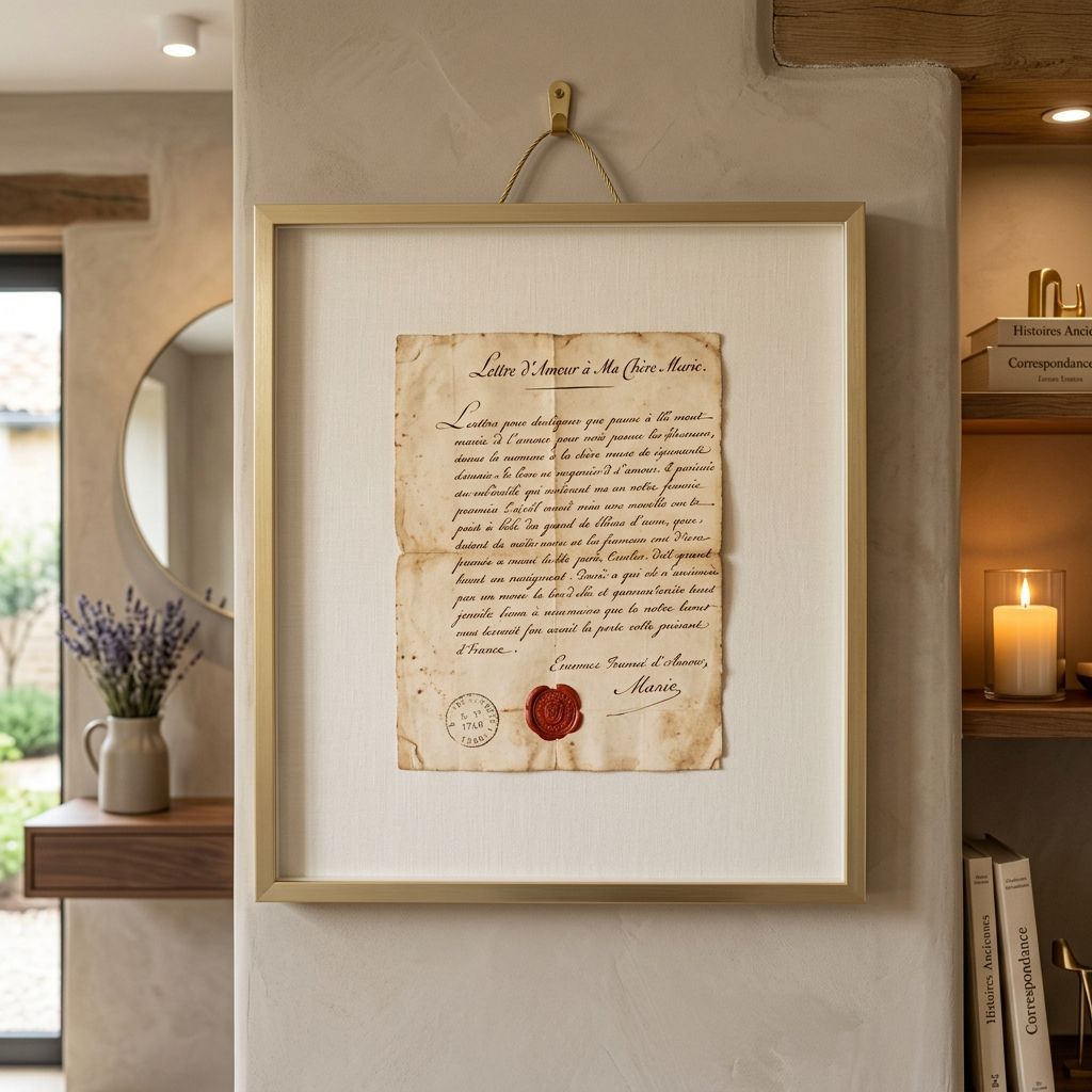 Old framed document with faded script and red wax seal hanging on a light-colored wall.