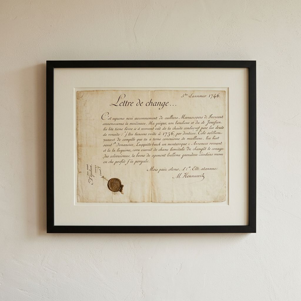 Framed antique document with handwritten text and a prominent wax seal.