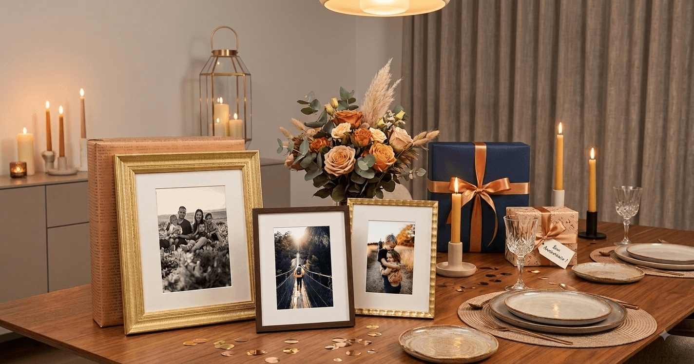 Elegant dining table with framed pictures, floral arrangement, wrapped gifts, and glowing candles.