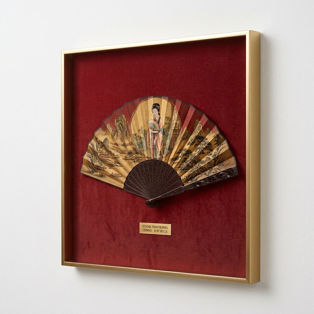 An ornate gold and black folding fan displayed on red velvet in a golden frame.