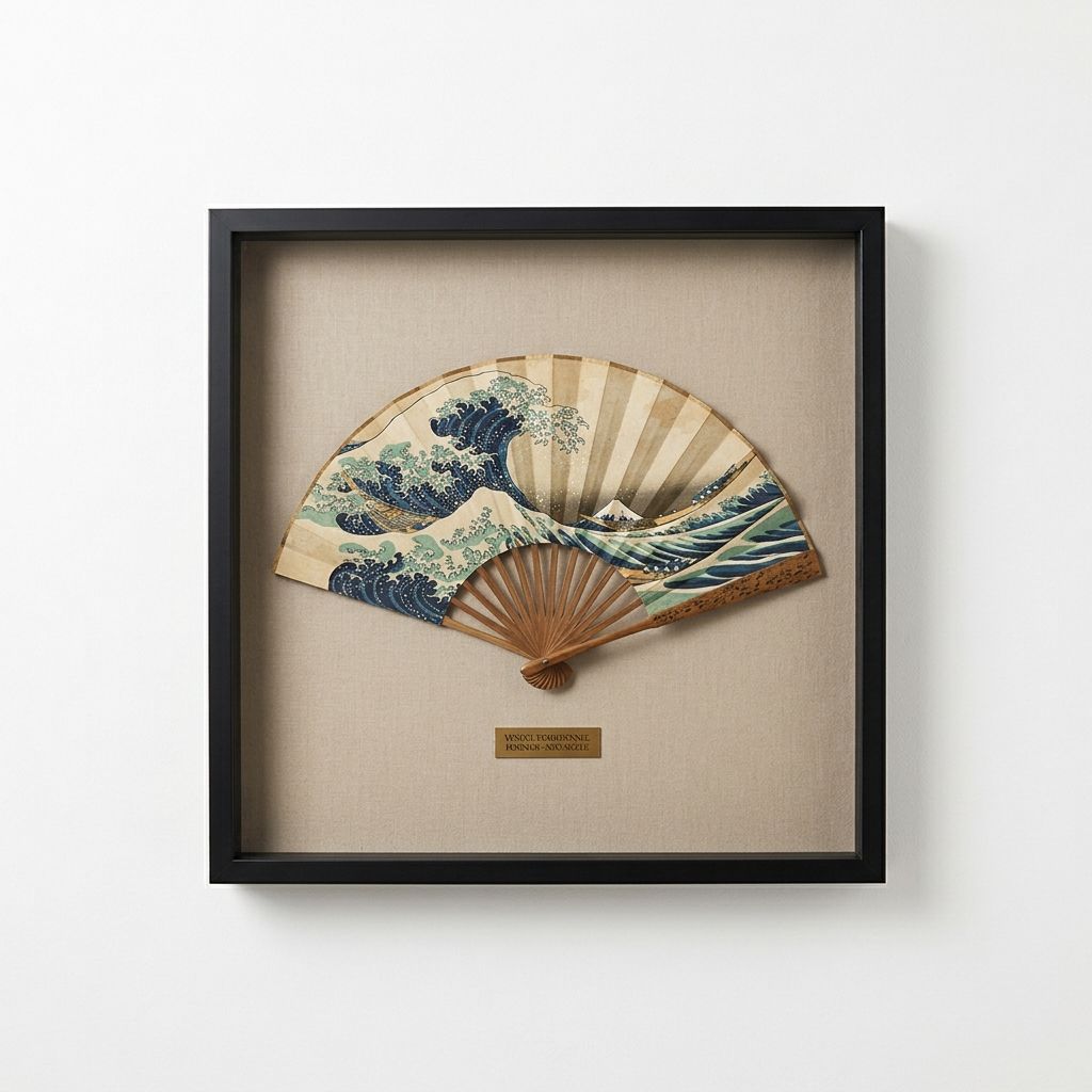 Framed Japanese folding fan showcasing Hokusai's iconic Great Wave off Kanagawa design.