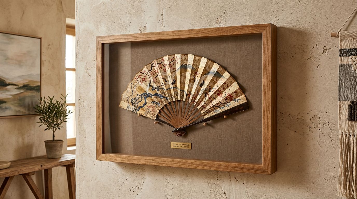 Ornate antique hand fan displayed in a wooden shadow box frame on a textured wall.