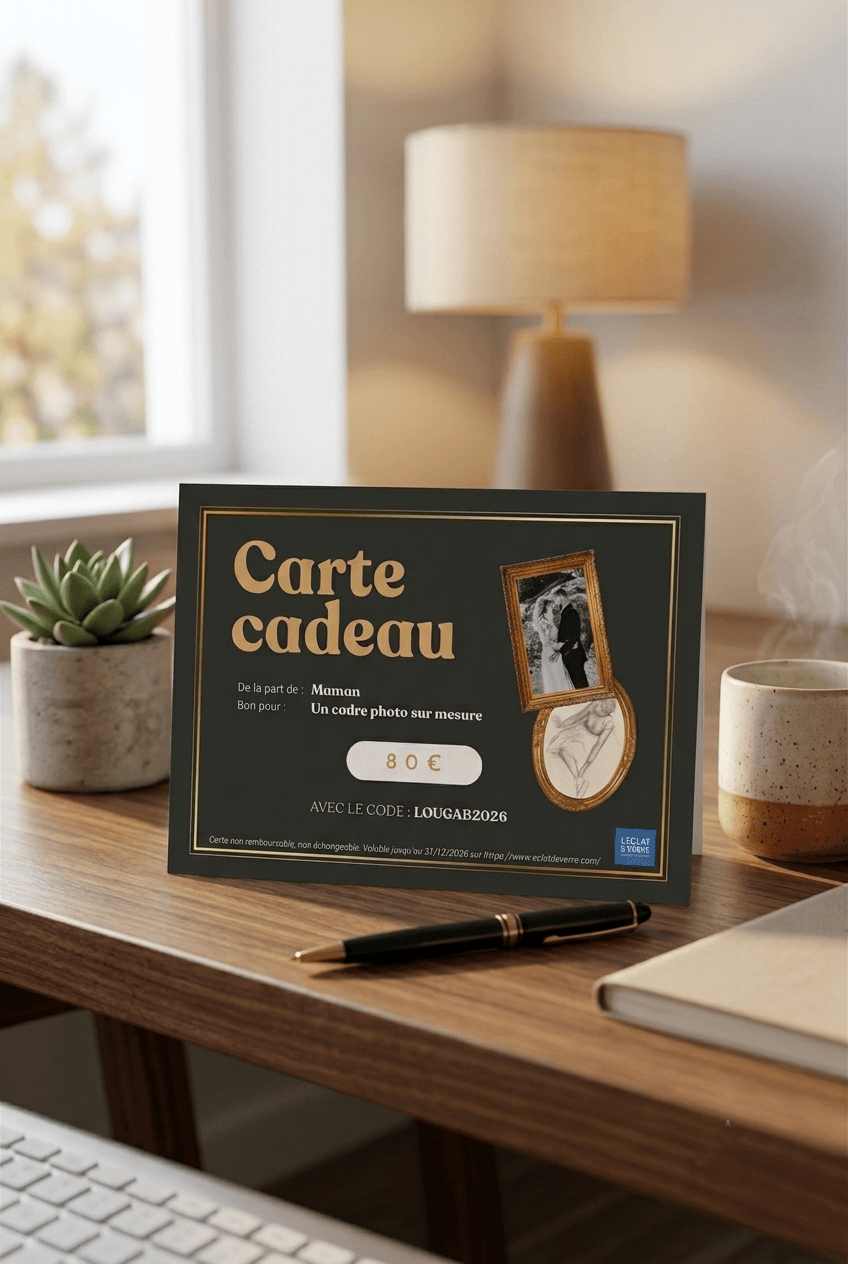 Dark gift card labeled "Carte cadeau" on a wooden desk with a lamp and plant.