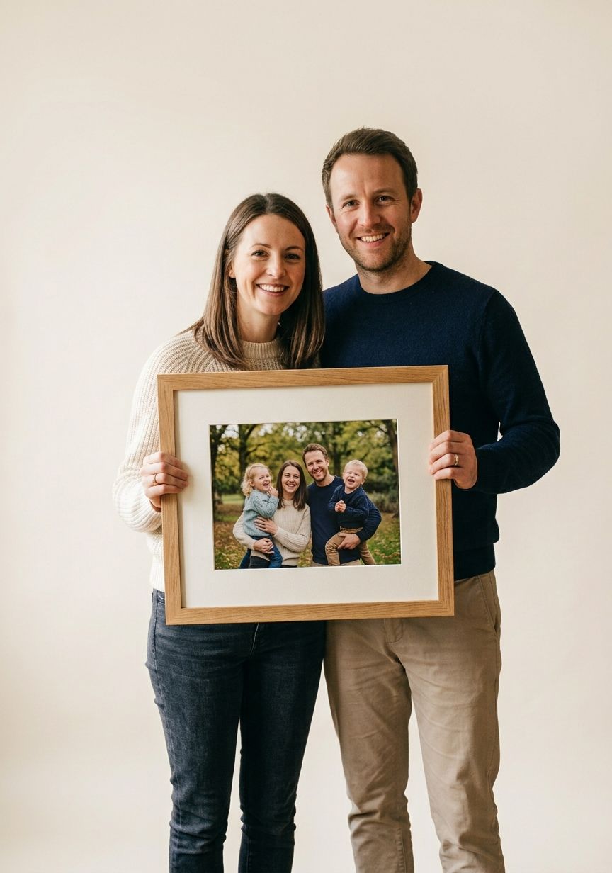 Smiling couple proudly displays a framed family photo of two children.