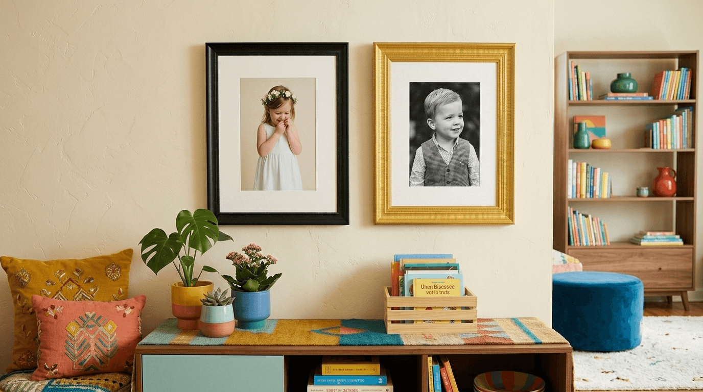 Two framed photos of a smiling girl and boy hang above a colorful decorated console table.
