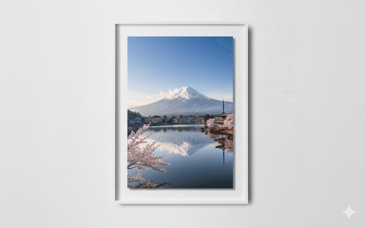 Mount Fuji reflected in a lake, with pink cherry blossoms and a clear blue sky.