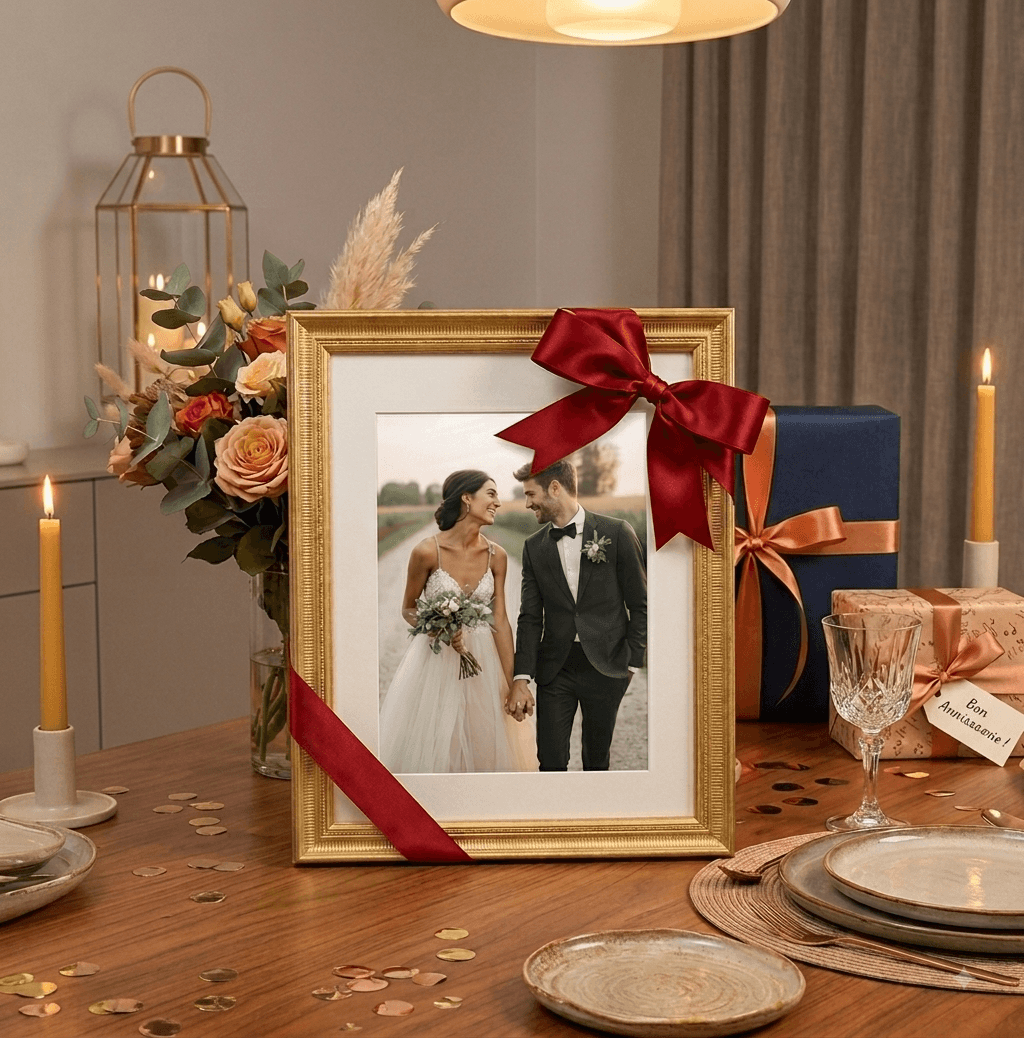 Gold framed wedding photo with red bow on a table, surrounded by gifts and candles.