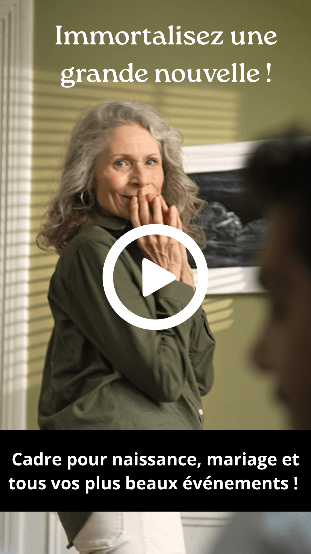Older woman looks surprised in a video thumbnail about immortalizing great news.