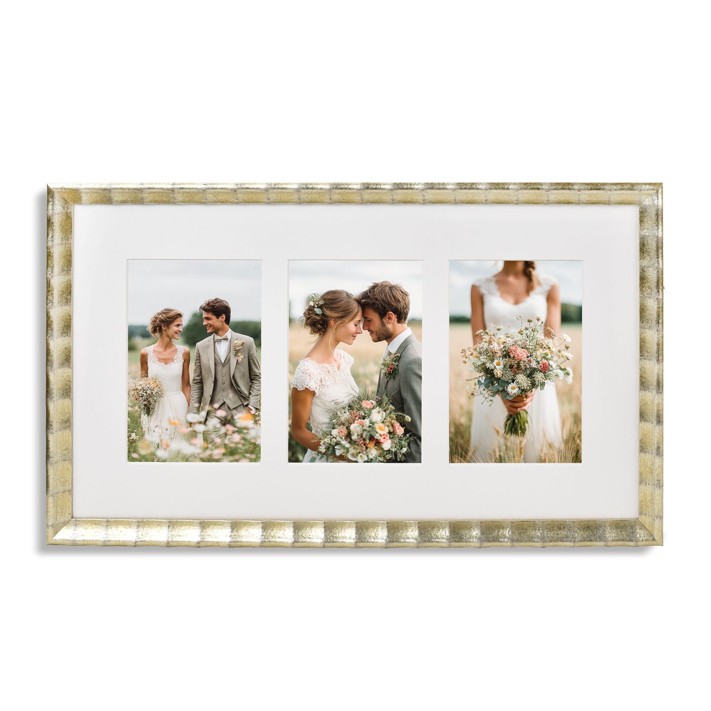 Gold rectangular multi-photo frame displaying three cherished wedding day photographs of a happy couple.
