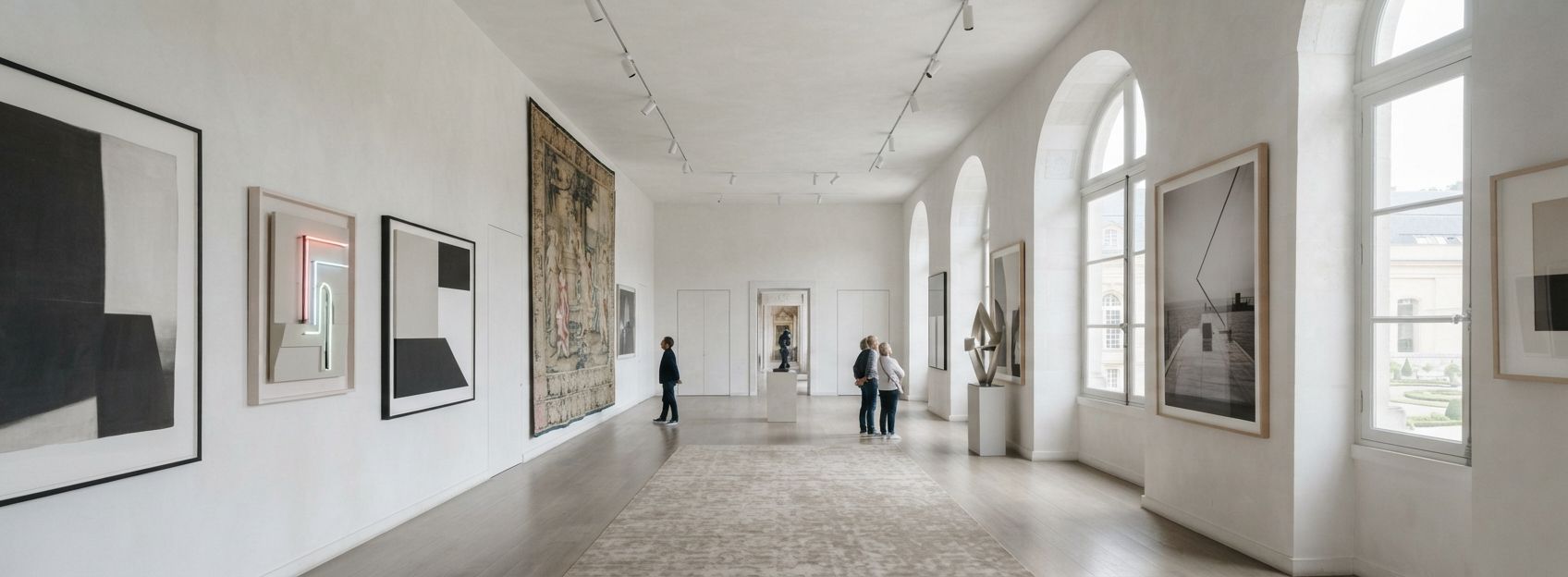 Modern art gallery with abstract paintings, large windows, and a few visitors.