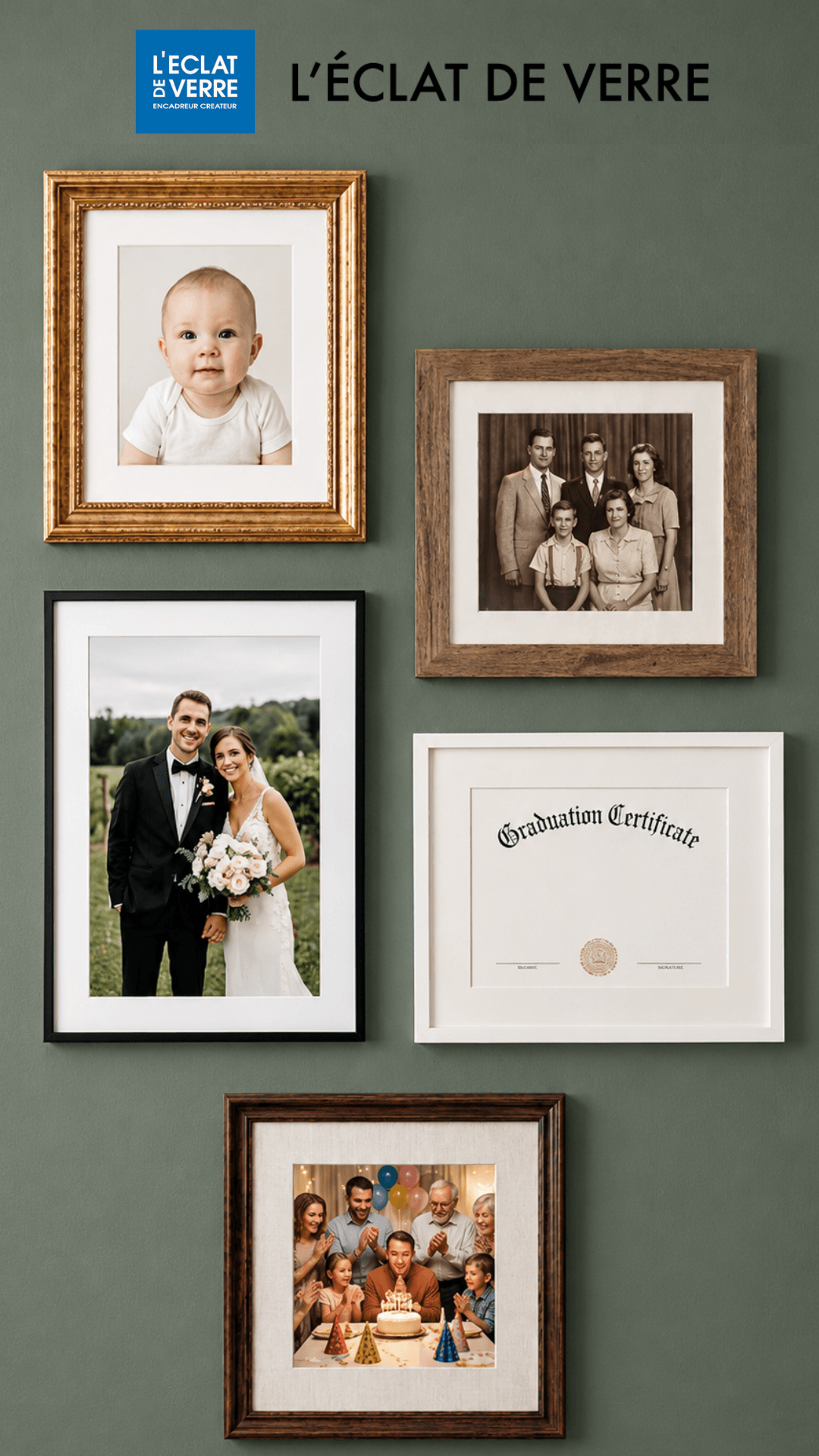 Five framed photos on a wall: baby portrait, vintage family, wedding, diploma, and group celebration.