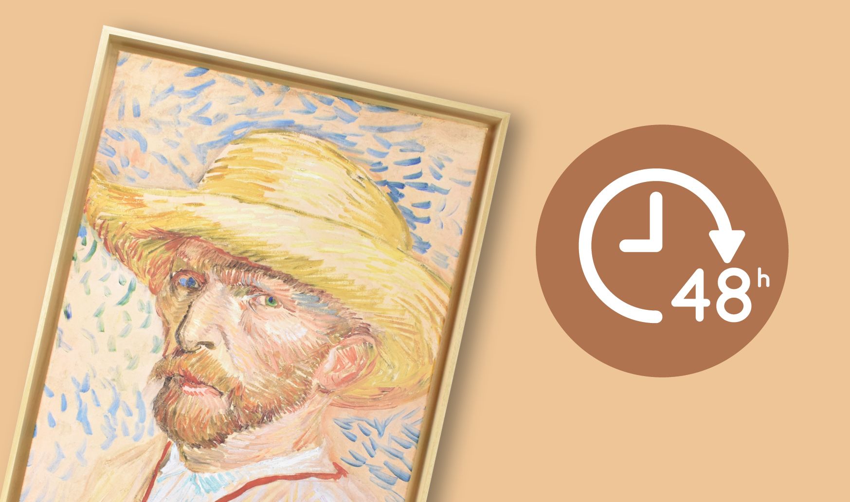 Van Gogh self-portrait in a frame next to an icon with a clock and '48h'.