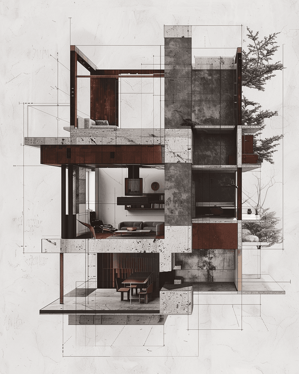 Architectural cross-section of a modern multi-story concrete and wood house with trees.