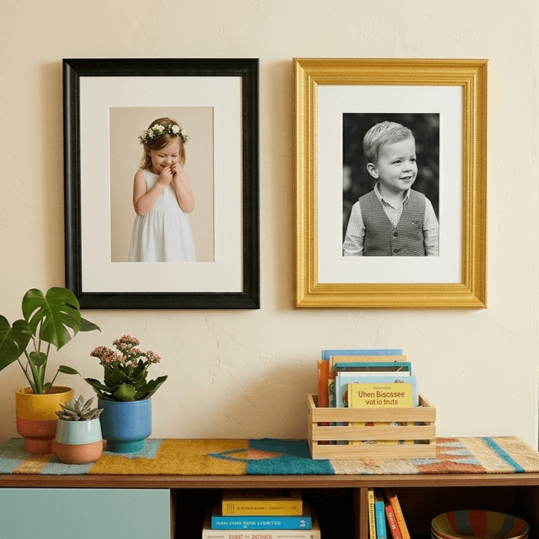 Framed photos of a girl with a flower crown and a boy, above a colorful credenza.