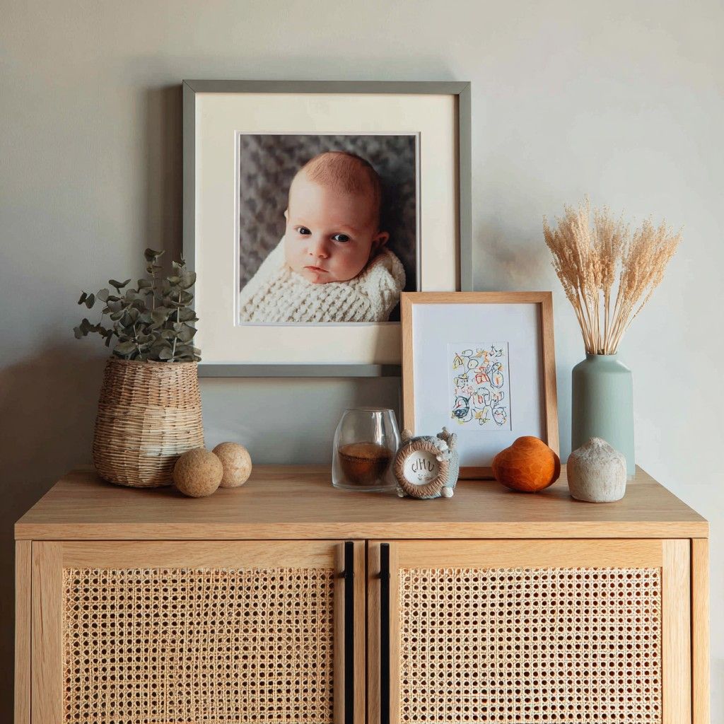 A wooden cabinet displaying a framed baby photo, pampas grass, and a small pumpkin.