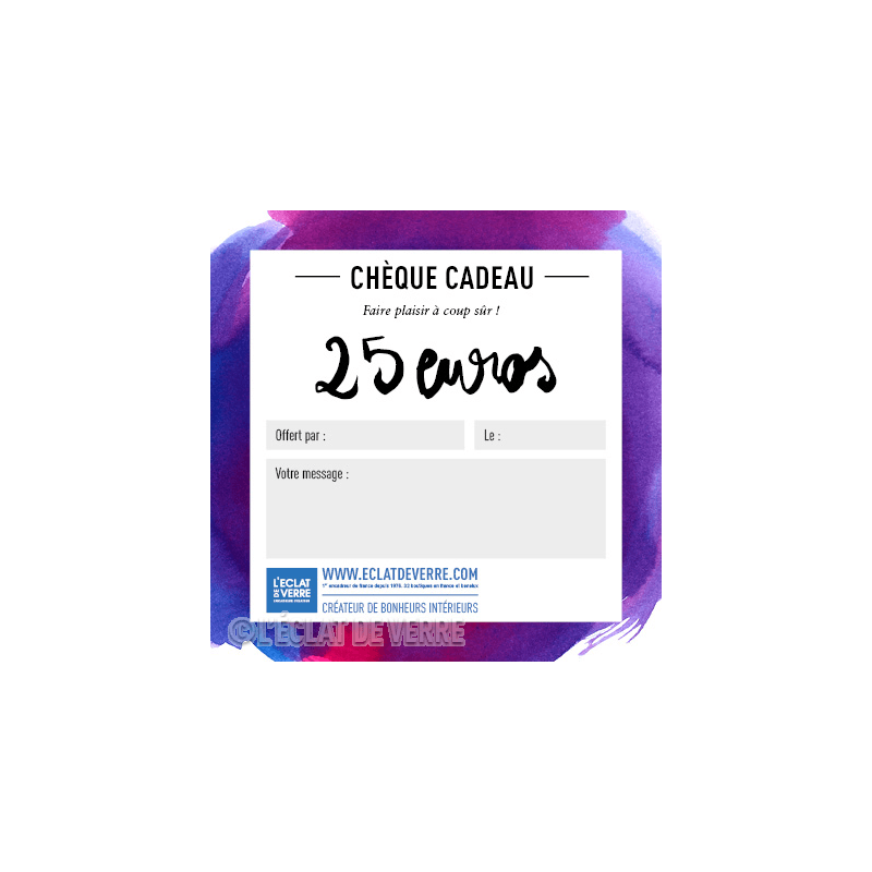 A vibrant digital gift certificate displaying 'Chèque Cadeau' for 25 euros on a white background.