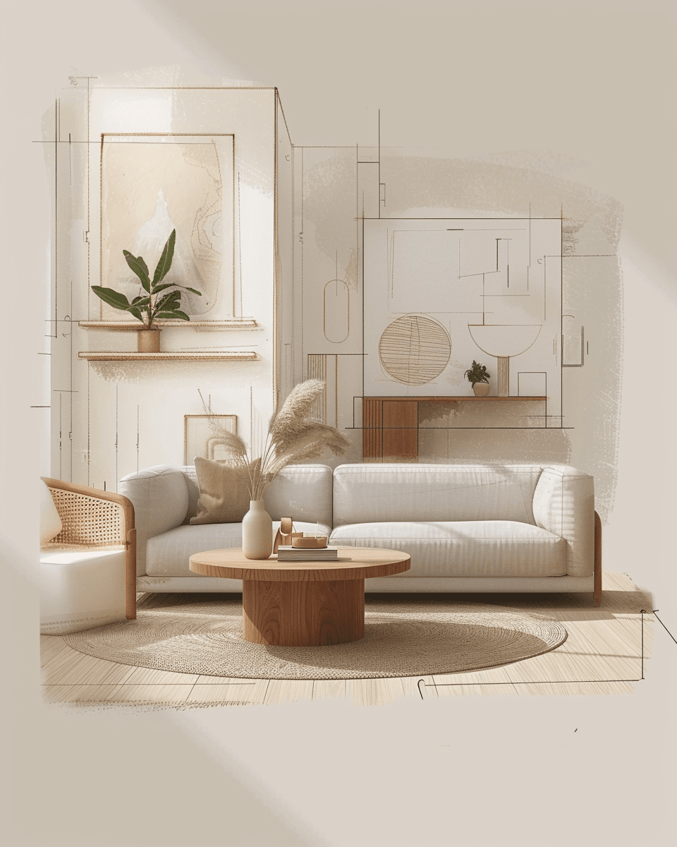 Sketch of a modern living room featuring a white sofa, wooden table, and plant.