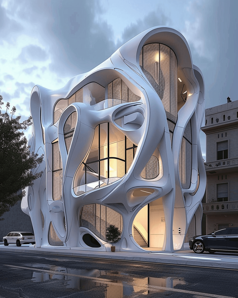 Modern building with a flowing white facade and large glass windows at dusk.