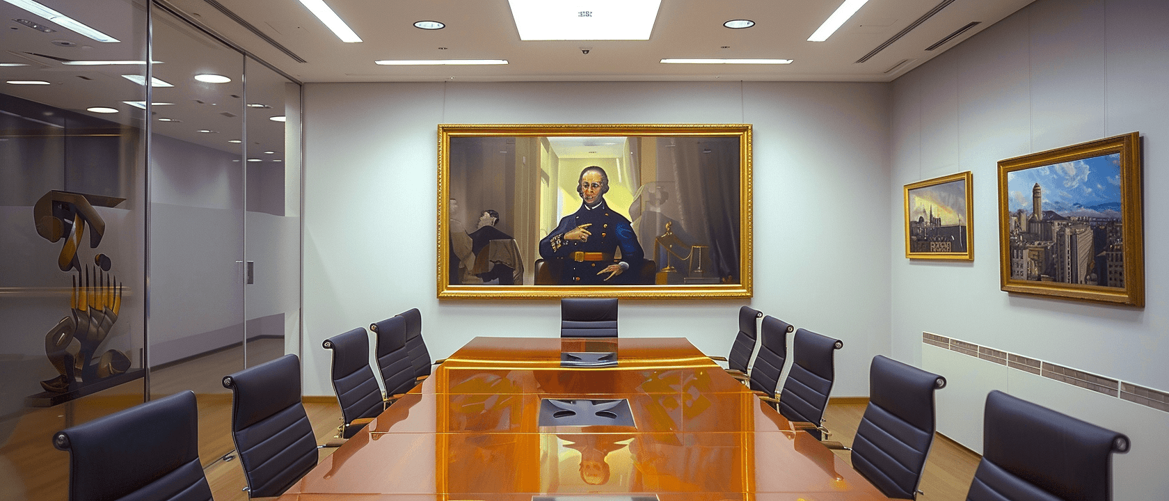 Modern conference room with a large portrait, polished wooden table, black chairs, and glass partition.