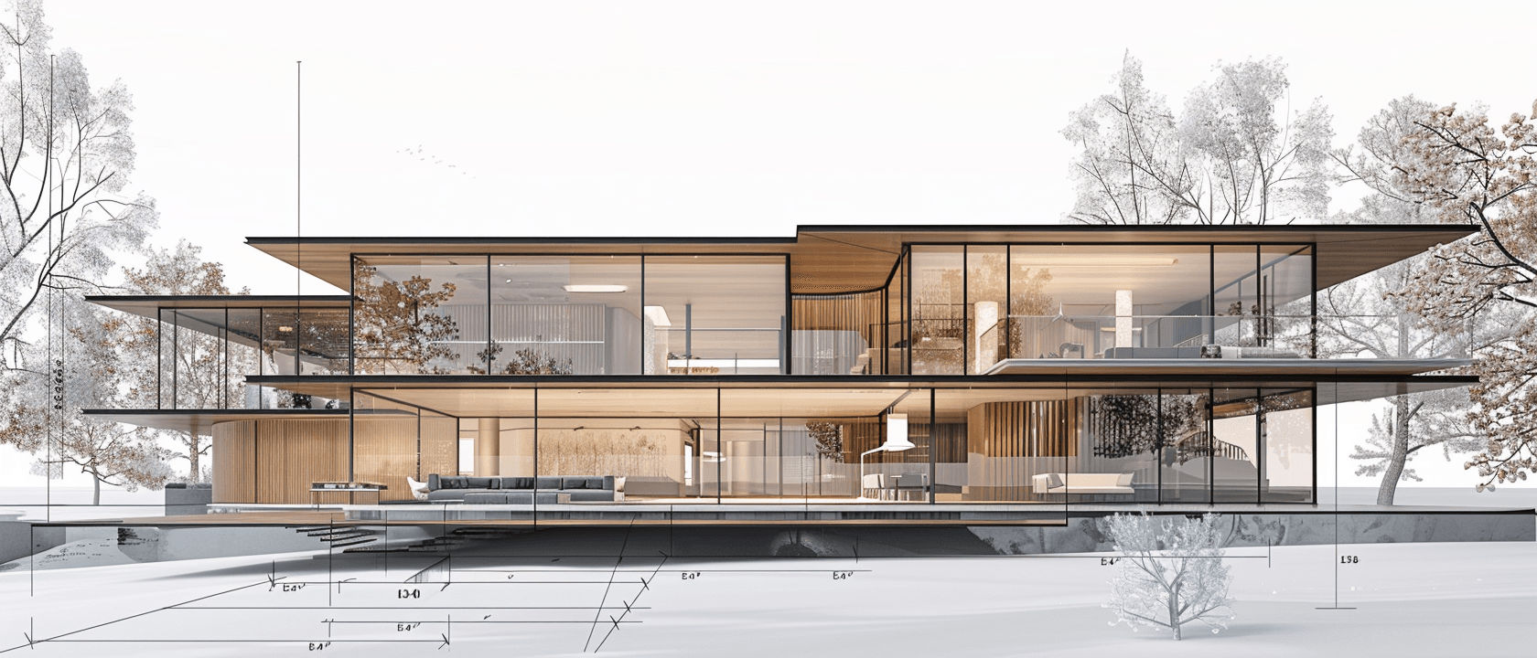 Sleek, modern, multi-level glass house with wooden elements surrounded by winter trees.