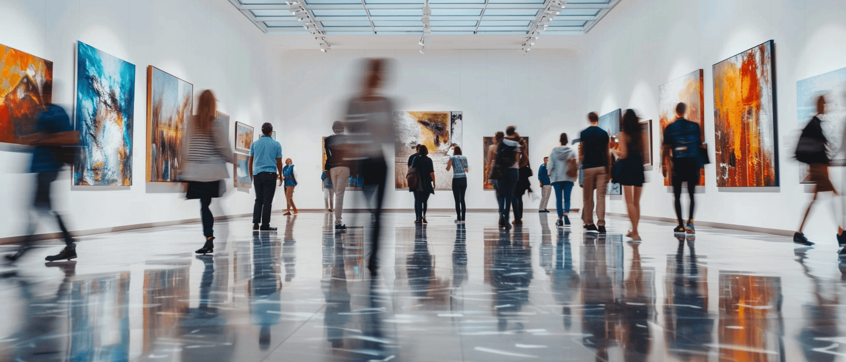 Blurred people move through a modern art gallery featuring colorful abstract paintings and reflective floors.