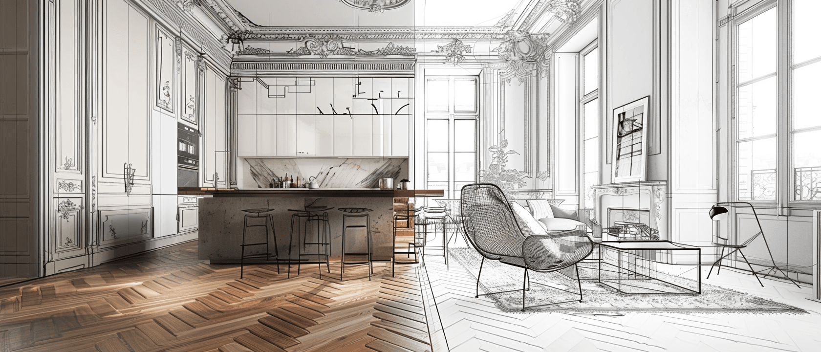Split interior design: rendered kitchen on left, sketched living room on right.