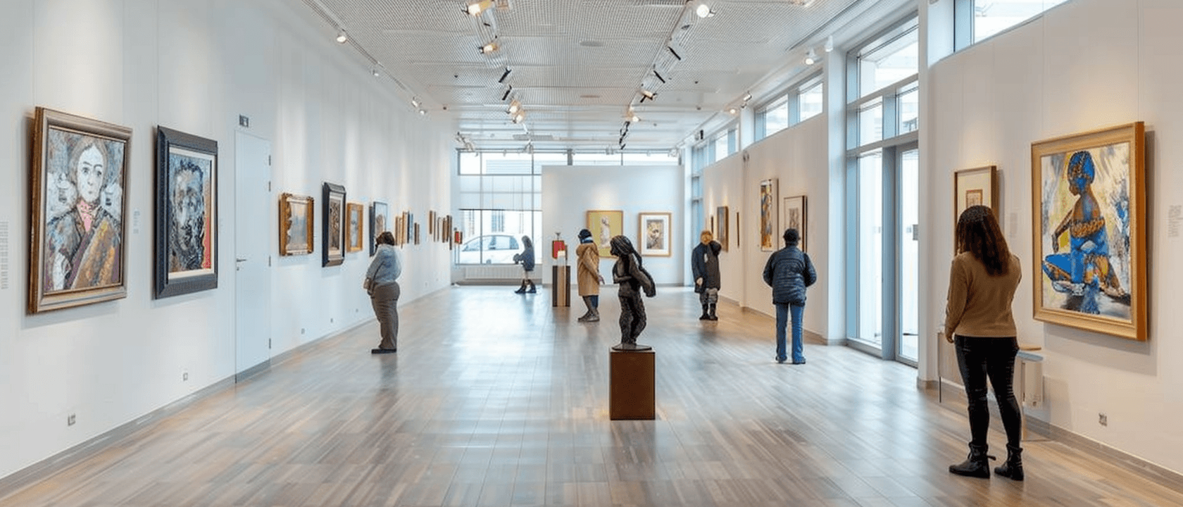 Visitors explore a bright, modern art gallery featuring paintings and sculptures on display.