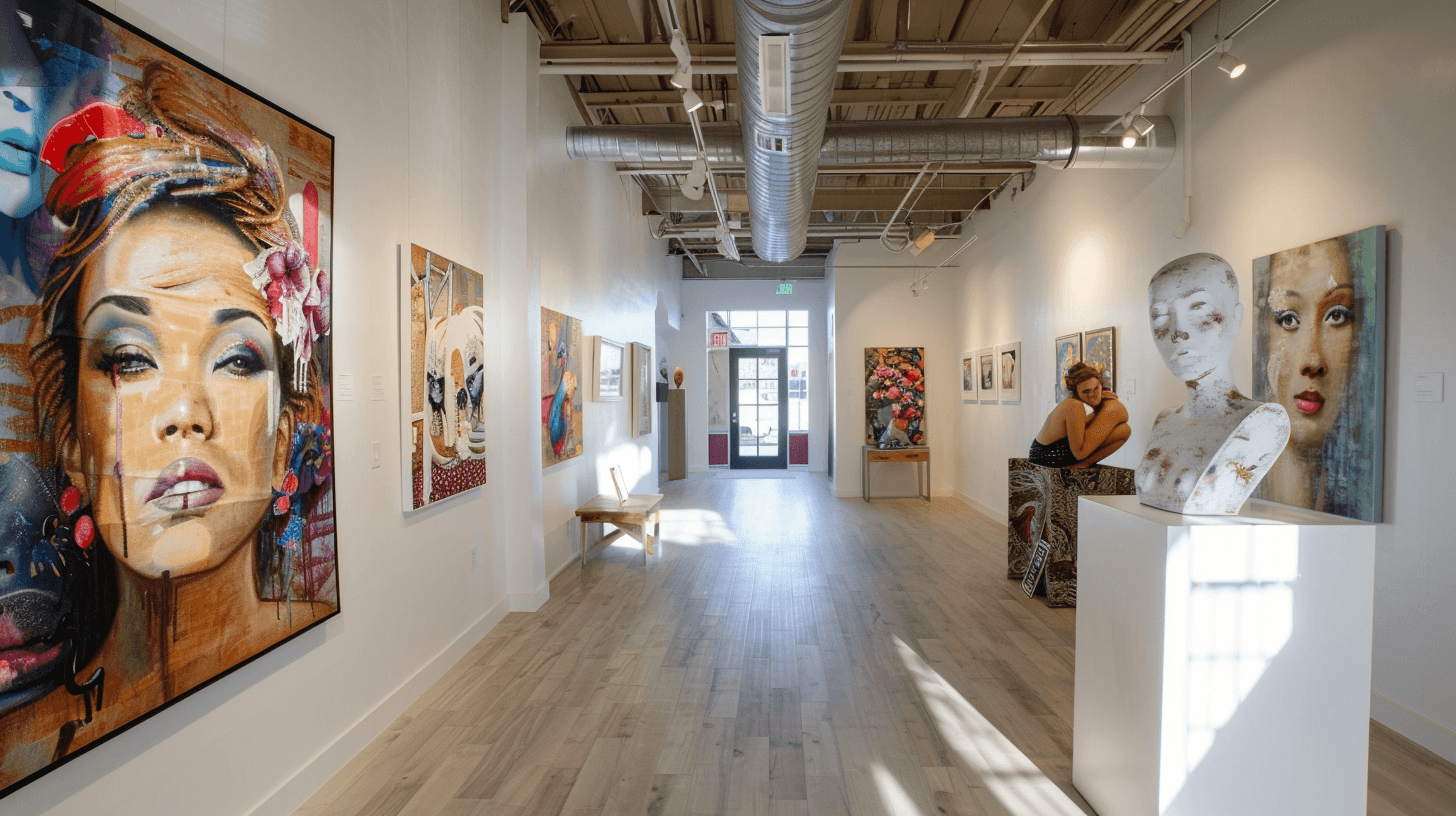 A modern art gallery hallway with a large, colorful painting of a woman and other artworks.