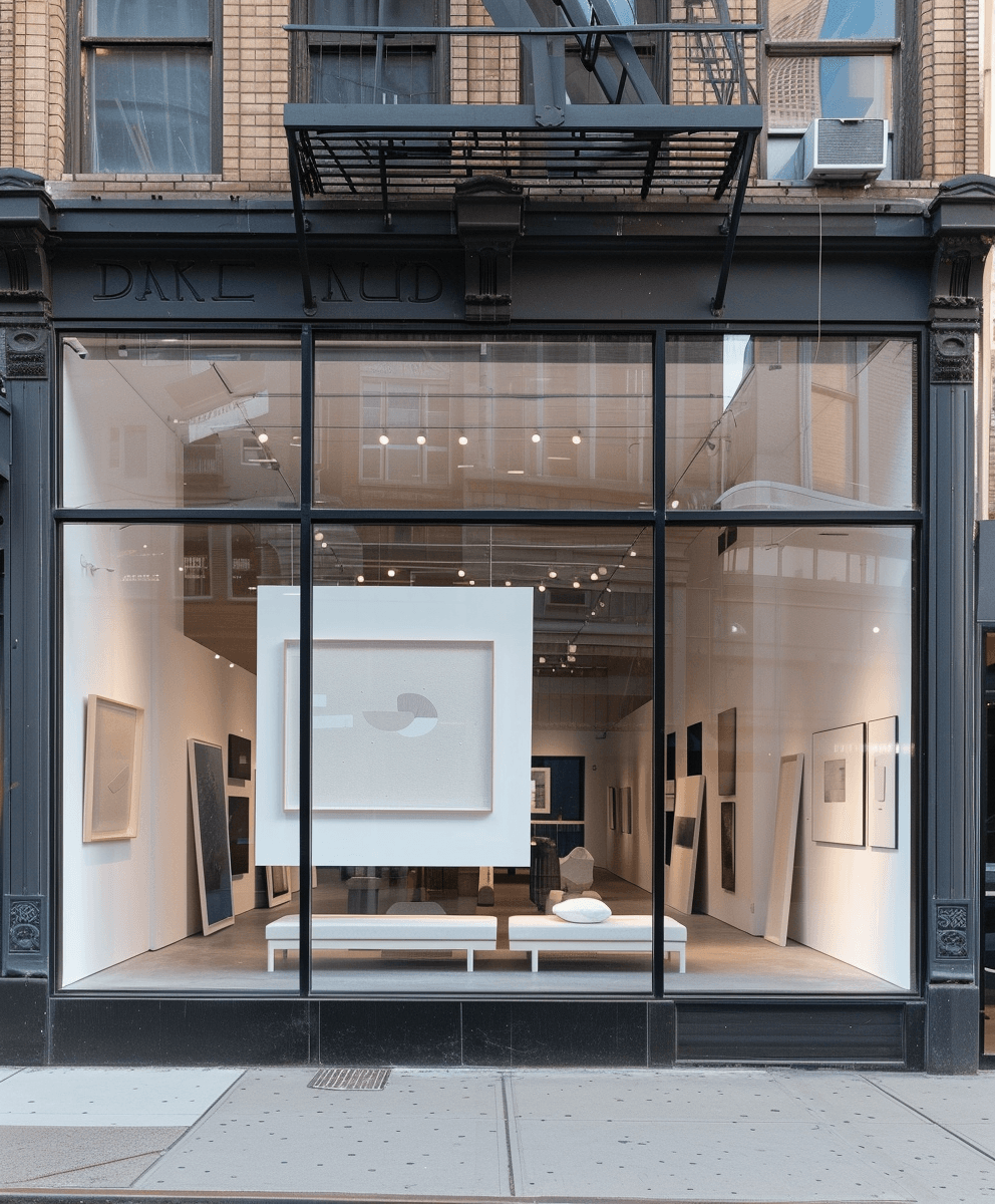 Modern art gallery storefront with a large framed artwork visible through the glass window.