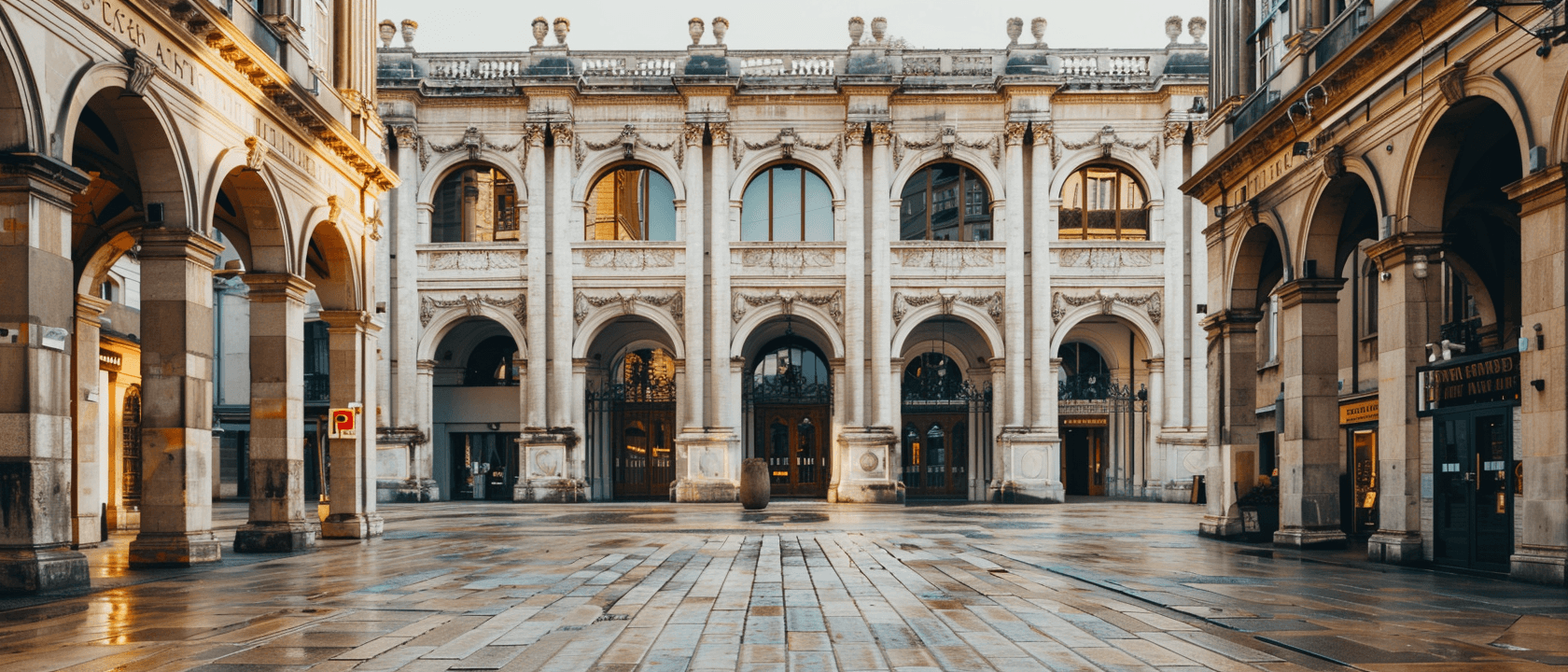 Ornate grand building facade with multiple arches facing an empty, paved public square.