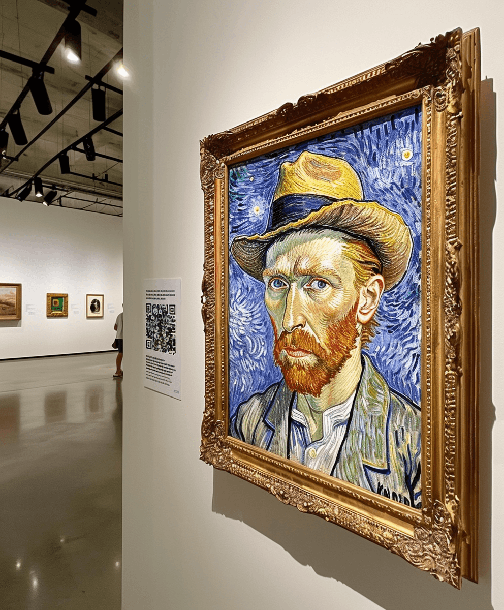 Van Gogh's self-portrait, 'Self-Portrait with a Straw Hat,' hangs in a modern art gallery.