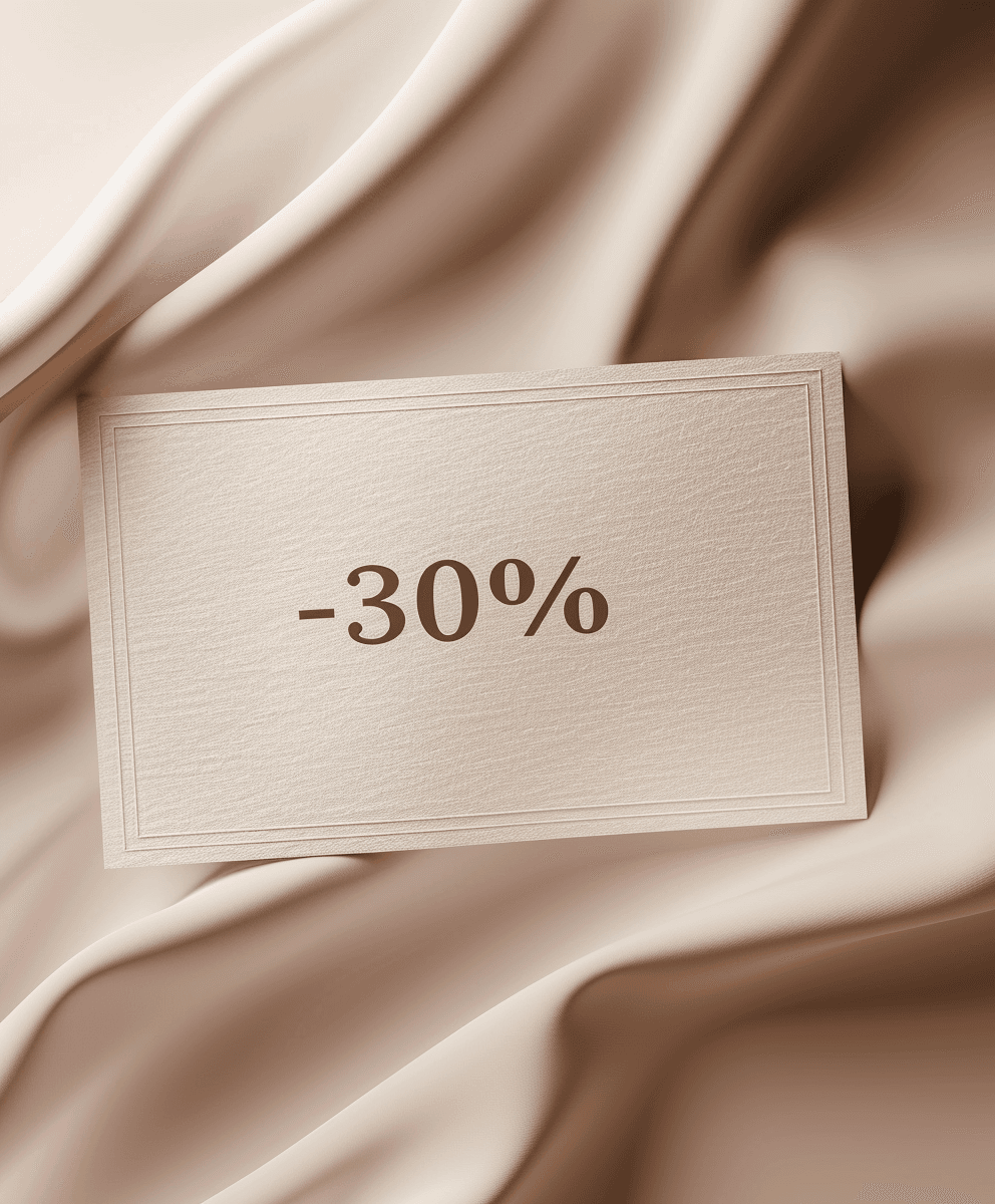 Beige discount card with "-30%" on soft, draped satin fabric.
