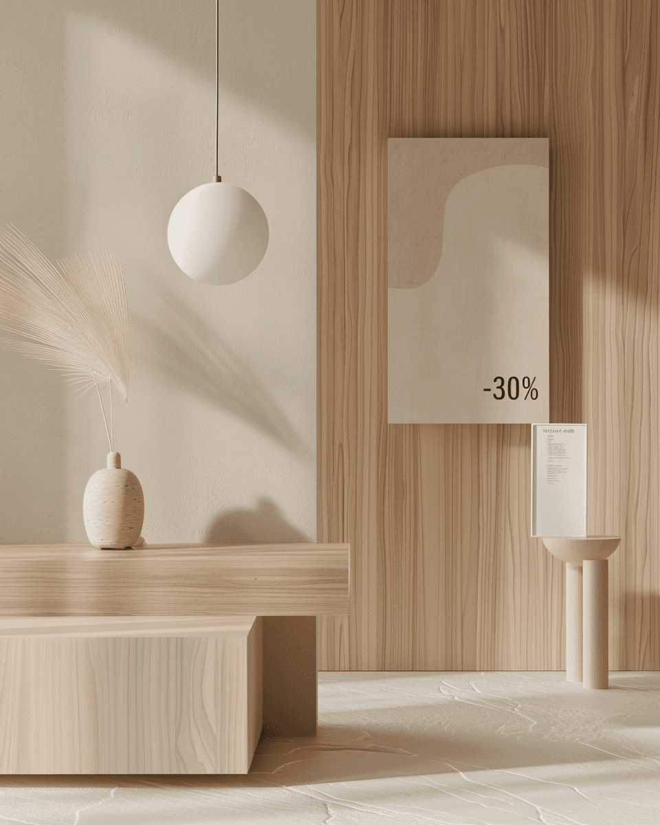 Minimalist room with wood paneling, a wooden table, and abstract art featuring "-30%".