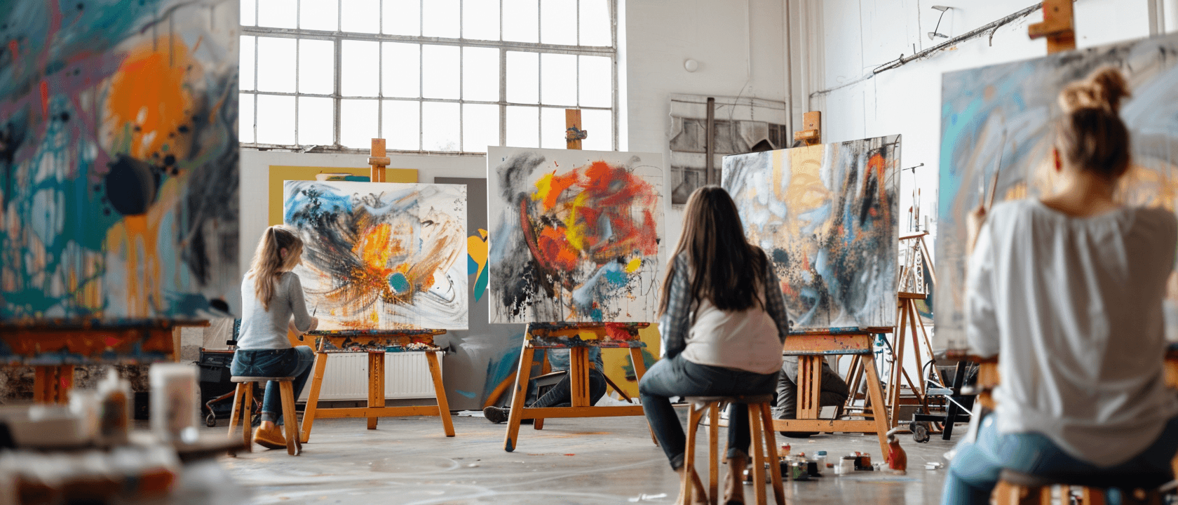 Three artists paint abstract canvases on easels in a bright art studio.