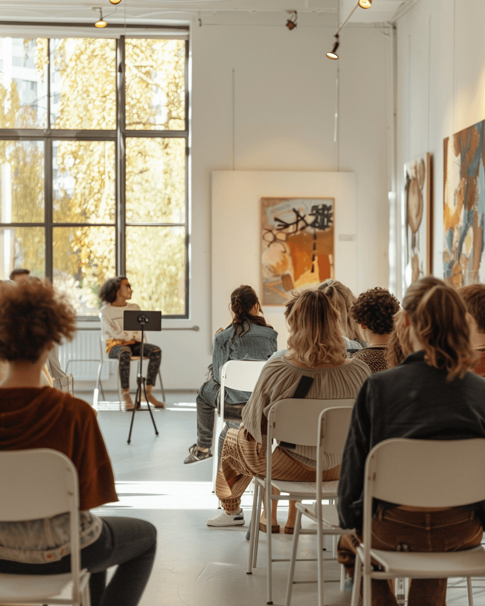 Speaker addresses an attentive audience in a sunlit art gallery surrounded by abstract paintings.