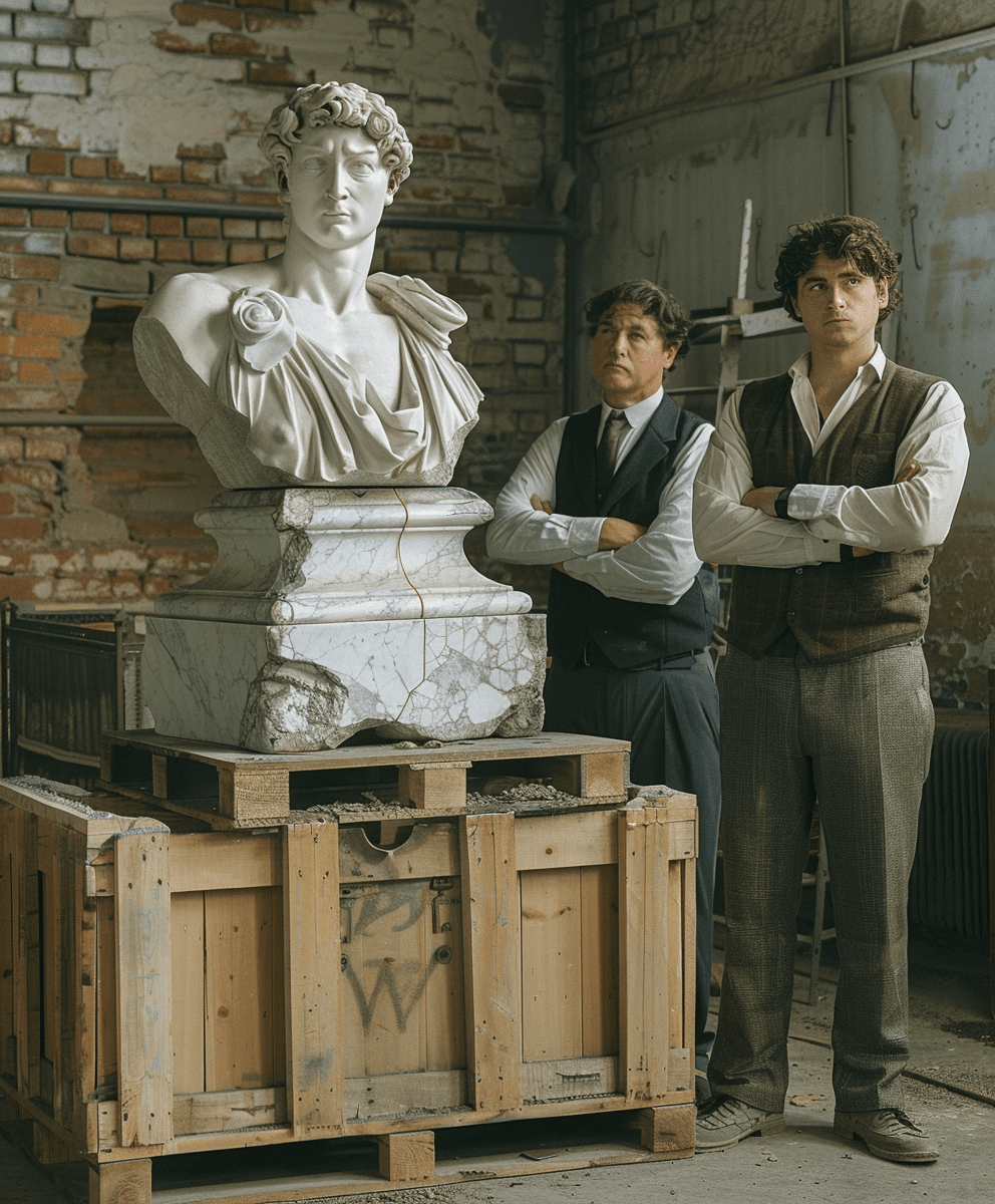 Two men stand beside a classical marble bust in a rustic workshop.