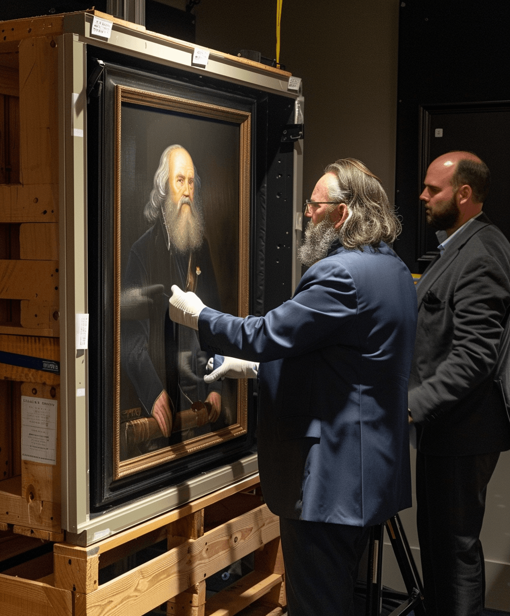 Two conservators carefully remove a framed portrait of a bearded man from a shipping crate.